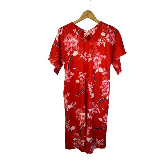 Vintage HUKILAU FASHIONS Hawaiian Muu Muu Caftan Maxi Dress Red Tropical Floral - Picture 1 of 12